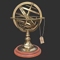 Vintage Brass Armillary Sphere With Intricate Metal Structure And Red Wooden Base