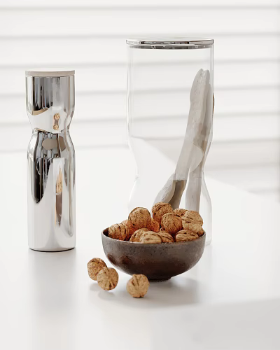 Modern Tabletop With Walnuts In Bowl Metal Grinder And Transparent Container Setup 3d model