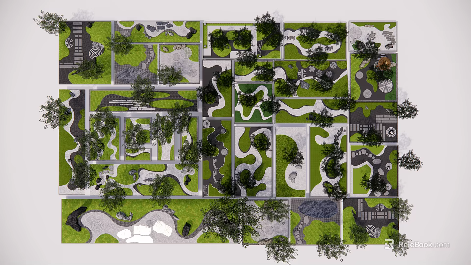 Traditional Karesansui Dry Landscape Garden Design With Stones Moss And Sand Patterns 3d model 
