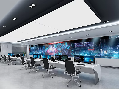Modern Monitoring Room Interior With Multiple Monitors Control Desks And Office Chairs 3d model