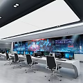 Modern Monitoring Room Interior With Multiple Monitors Control Desks And Office Chairs