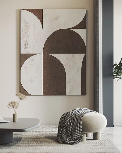 Geometric Pattern Decorative Painting Brown White With Dried Flowers Table Armchair Checked Cushion And Plant 3d model