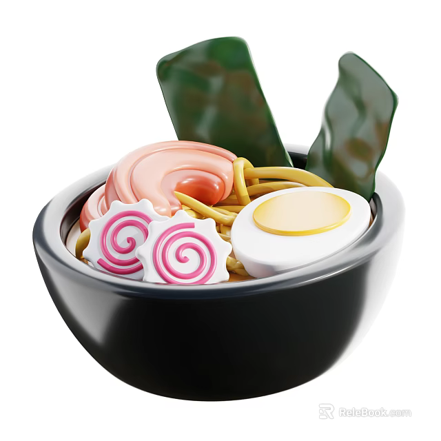 Delicious Ramen Bowl With Pink Spiral Fish Cakes Soft Boiled Egg And Green Seaweed 3d model 