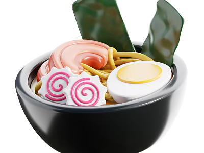 Delicious Ramen Bowl With Pink Spiral Fish Cakes Soft Boiled Egg And Green Seaweed 3d model