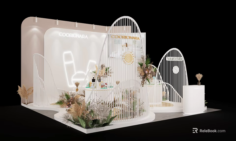 Modern Liquor Store Exhibition Booth With White Arched Structures Green Plants And Displayed Bottles 3d model 