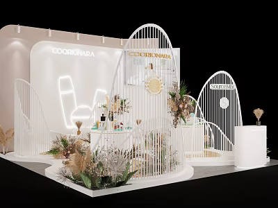 Modern Liquor Store Exhibition Booth With White Arched Structures Green Plants And Displayed Bottles 3d model