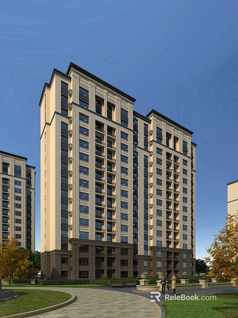 Modern Residential High Rise Building Featuring Light Colored Facade And Large Windows 3d model