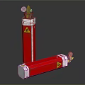Red Cylindrical Commercial Equipment With Yellow Warning Signs White Base And Metal Top