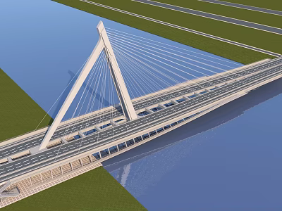 Modern Cable Stayed Bridge Spanning Water With Green Grass And Road Lanes 3d model