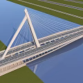 Modern Cable Stayed Bridge Spanning Water With Green Grass And Road Lanes 3d model