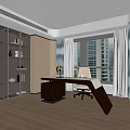 Modern Office Interior With Large Windows Bookshelves And Executive Desk