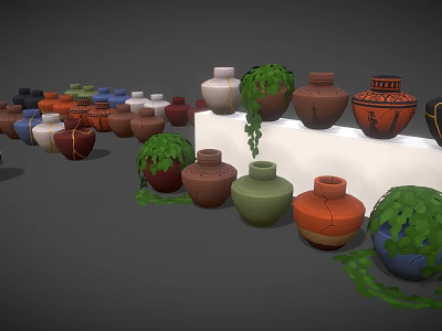 Colorful Ceramic Vessels In Various Shapes With Decorative Plants And Unique Patterns 3d model