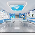 Modern Educational Classroom With Blue Walls White Shelves Sky Ceiling And Display Items