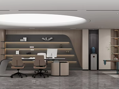 Modern Open Office Interior With Minimalist Design Desk Computer Chairs Round Light And Bookshelf 3d model