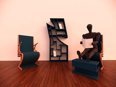 Block Figure Sitting On Block Chair With Book And Unique Block Bookshelf In Indoor Scene 3d model