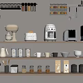 Organized Kitchen Shelves With Coffee Maker Mixer Toaster Mugs Bowls Jars And Wall Mounted Utensils