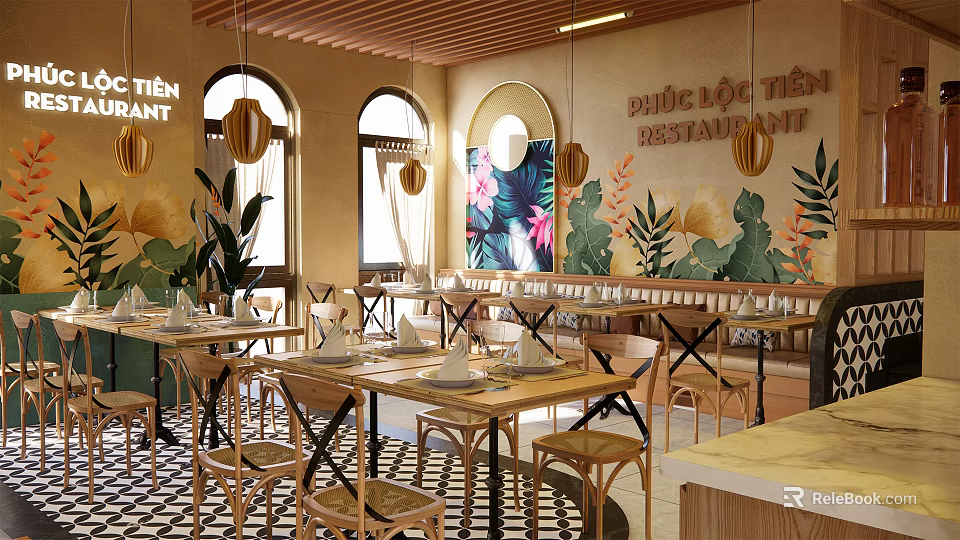 Tropical Floral Mural Restaurant Interior With Arched Windows Pendant Lights And Wooden Tables Chairs 3d model 