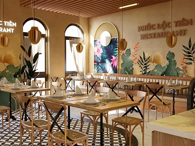 Tropical Floral Mural Restaurant Interior With Arched Windows Pendant Lights And Wooden Tables Chairs 3d model