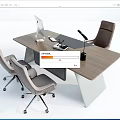 Modern Office Desk With Wooden Top Metal Frame Computer Monitor Tablet Notebook And Wheeled Chairs