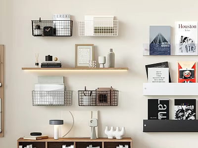 Modern Wall Storage Cabinet with Wire Baskets Books and Decorative Shelves 3d model