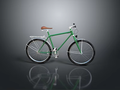 Classic Green Bicycle With Brown Seat White Basket And Black Wheels 3d model