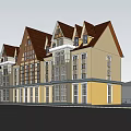 Classical Commercial Complex With Red Gabled Roofs And Yellow Beige Exterior