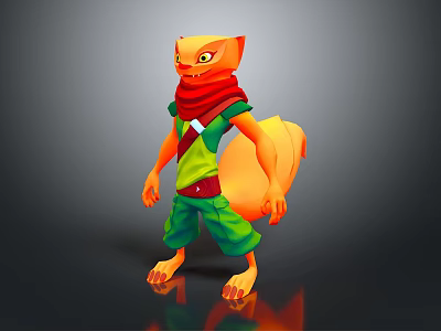 Orange Squirrel Like Game Character With Big Tail Green Pants Red Scarf And Green Top 3d model