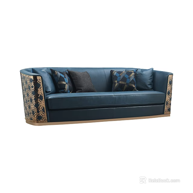 Stylish Blue Two Seater Sofa With Decorative Cushions And Gold Patterned Armrests 3d model