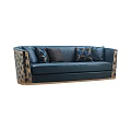 Stylish Blue Two Seater Sofa With Decorative Cushions And Gold Patterned Armrests 3d model