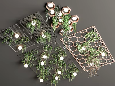 Modern Decorative Ceiling Design With Hexagonal Panels Green Plants And Lighting 3d model