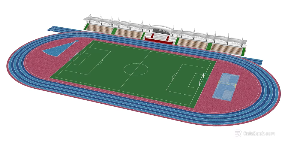 Football Field With Green Grass Red Running Track And Stadium Stands 3d model 