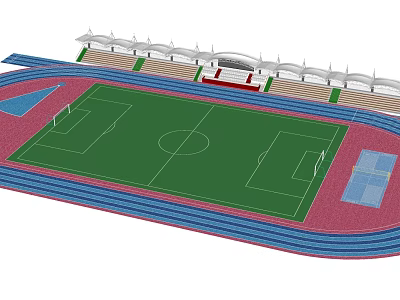 Football Field With Green Grass Red Running Track And Stadium Stands 3d model