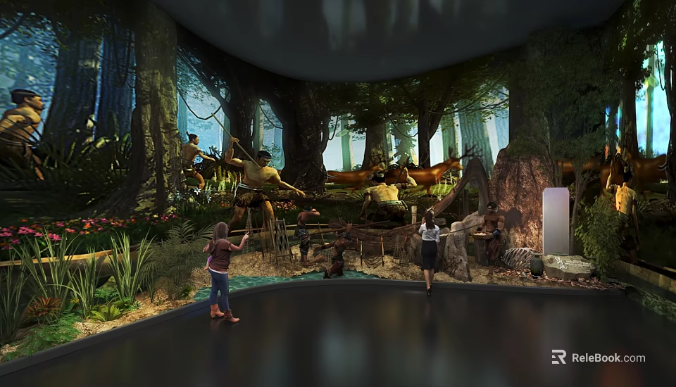 Simulated Forest Scene Exhibition With Human Statues Visitors And Natural Stream Elements 3d model 