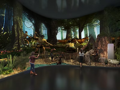 Simulated Forest Scene Exhibition With Human Statues Visitors And Natural Stream Elements 3d model