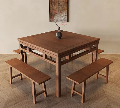 Traditional Chinese Style Square Solid Wood Table with Benches and Wall Painting 3d model