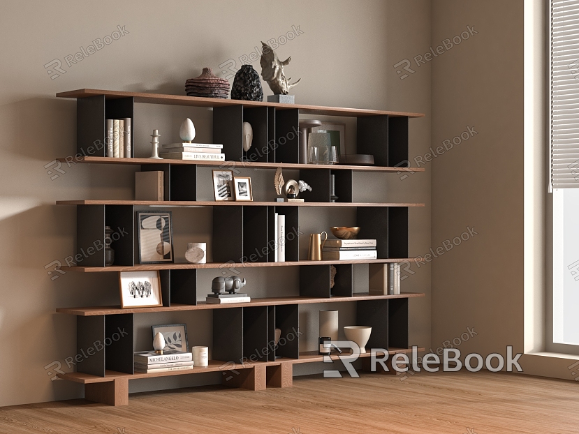 Quiet raw wood black steel bookshelf decorative cabinet partition type model