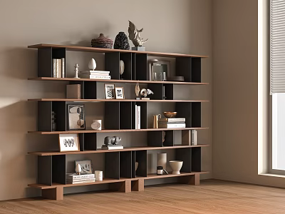 Modern Wooden Bookcase with Multiple Shelves Holding Books Decorative Sculptures Vases and Photo Frames 3d model