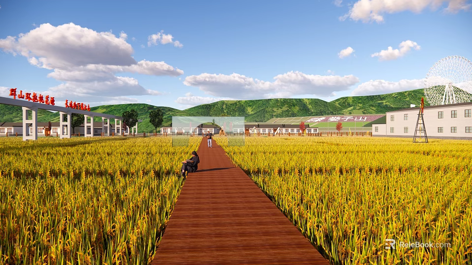 Rural Landscape Featuring Golden Rice Fields Wooden Walkway Farmhouses And Green Mountains Under Blue Sky 3d model 