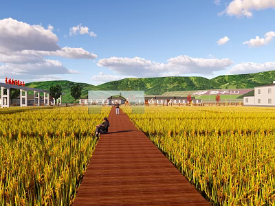 Rural Landscape Featuring Golden Rice Fields Wooden Walkway Farmhouses And Green Mountains Under Blue Sky 3d model