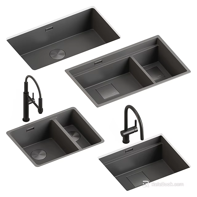 Modern Grey Kitchen Sinks With Faucet And Multiple Bowl Designs For Home Kitchens 3d model 