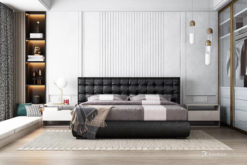 Modern Bedroom With Black Leather Headboard Gray White Bedding Rug Pendant Lights Vertical Panel Wall 3d model 