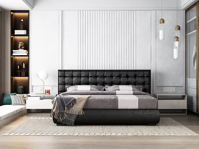 Modern Bedroom With Black Leather Headboard Gray White Bedding Rug Pendant Lights Vertical Panel Wall 3d model