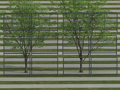 Metal Mesh Railings Surrounding Trees In Green Grass Outdoor Garden 3d model