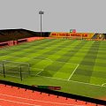 Professional Football Stadium With Green Grass Pitch Yellow Seats Red Track And Lighting Towers