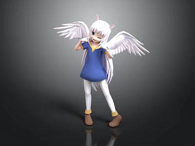 3D Cartoon Character Model With White Long Hair Cat Ears Wings Blue Dress 3d model