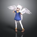 3D Cartoon Character Model With White Long Hair Cat Ears Wings Blue Dress