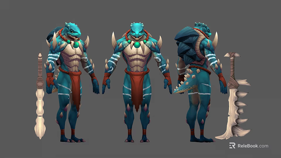 Lizard Warrior Character Design With Three Views Blue Armor Red Sash And Weapon 3d model