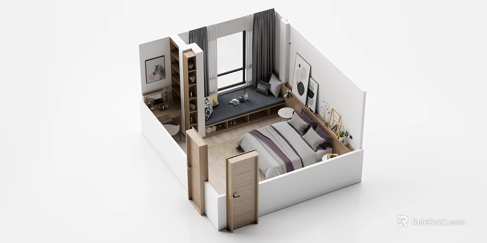 Birds Eye View Of Modern Bedroom Study Area With Bed Desk Window Wardrobe And Paintings 3d model 
