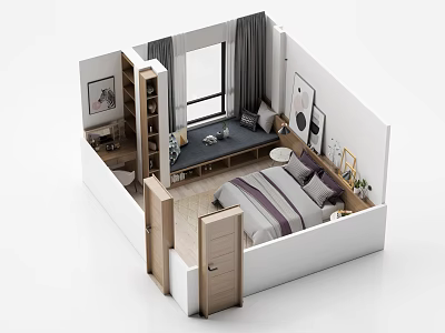 Birds Eye View Of Modern Bedroom Study Area With Bed Desk Window Wardrobe And Paintings 3d model