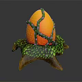 Orange Fruit Decorated With Green Vines And Blue Accents On Green Leaf Brown Stand